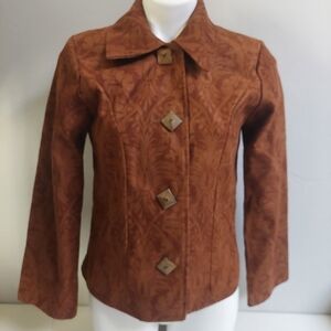 Painted Pony Brown Jacket Size‎ S Vintage Wood Buttons Floral Leaf Pattern Lined